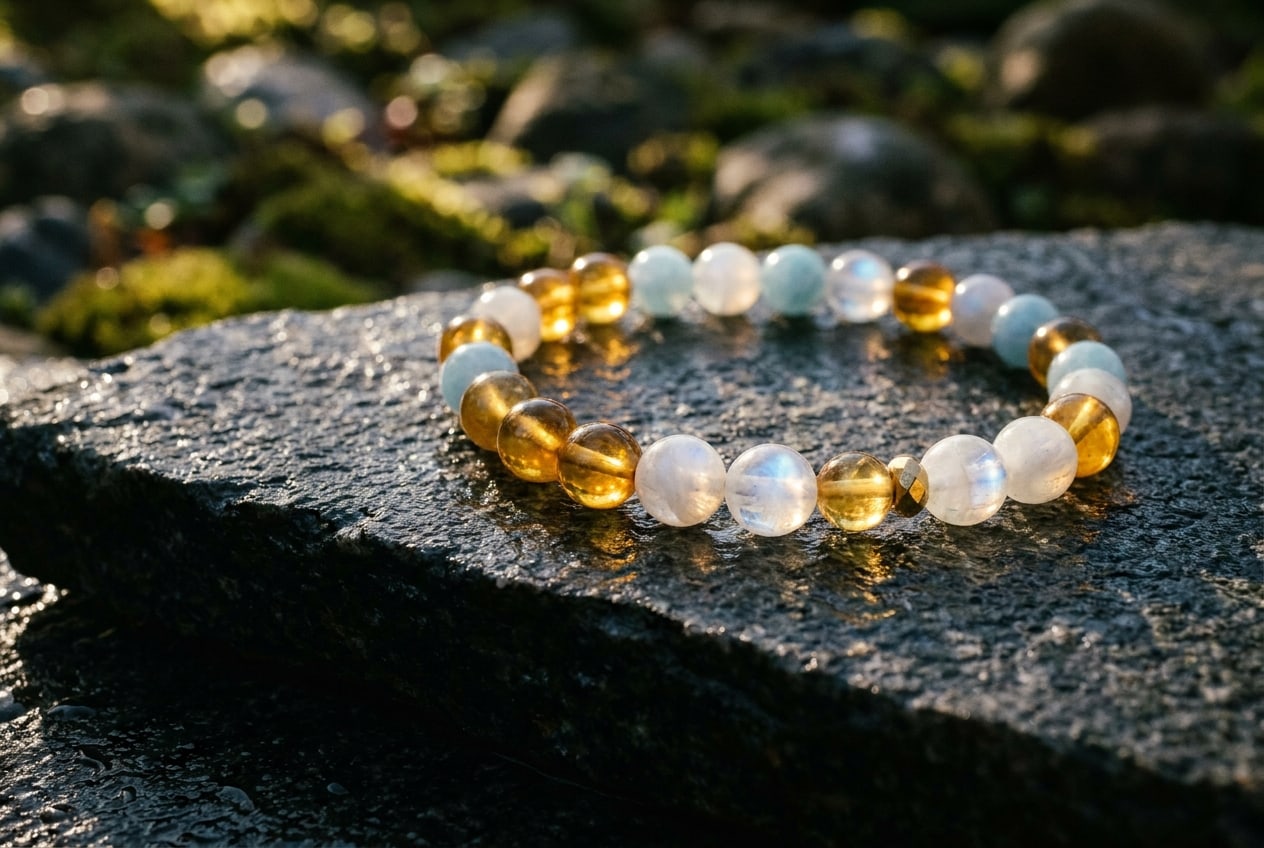 Handgemachtes Edelstein-Armband als geschlossener Kreis auf nassem Granit