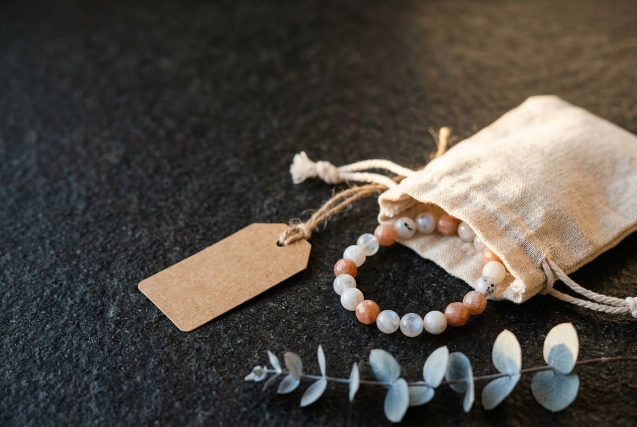 Armband in einem Baumwollsäckchen mit Anhänger auf dunklem Granit